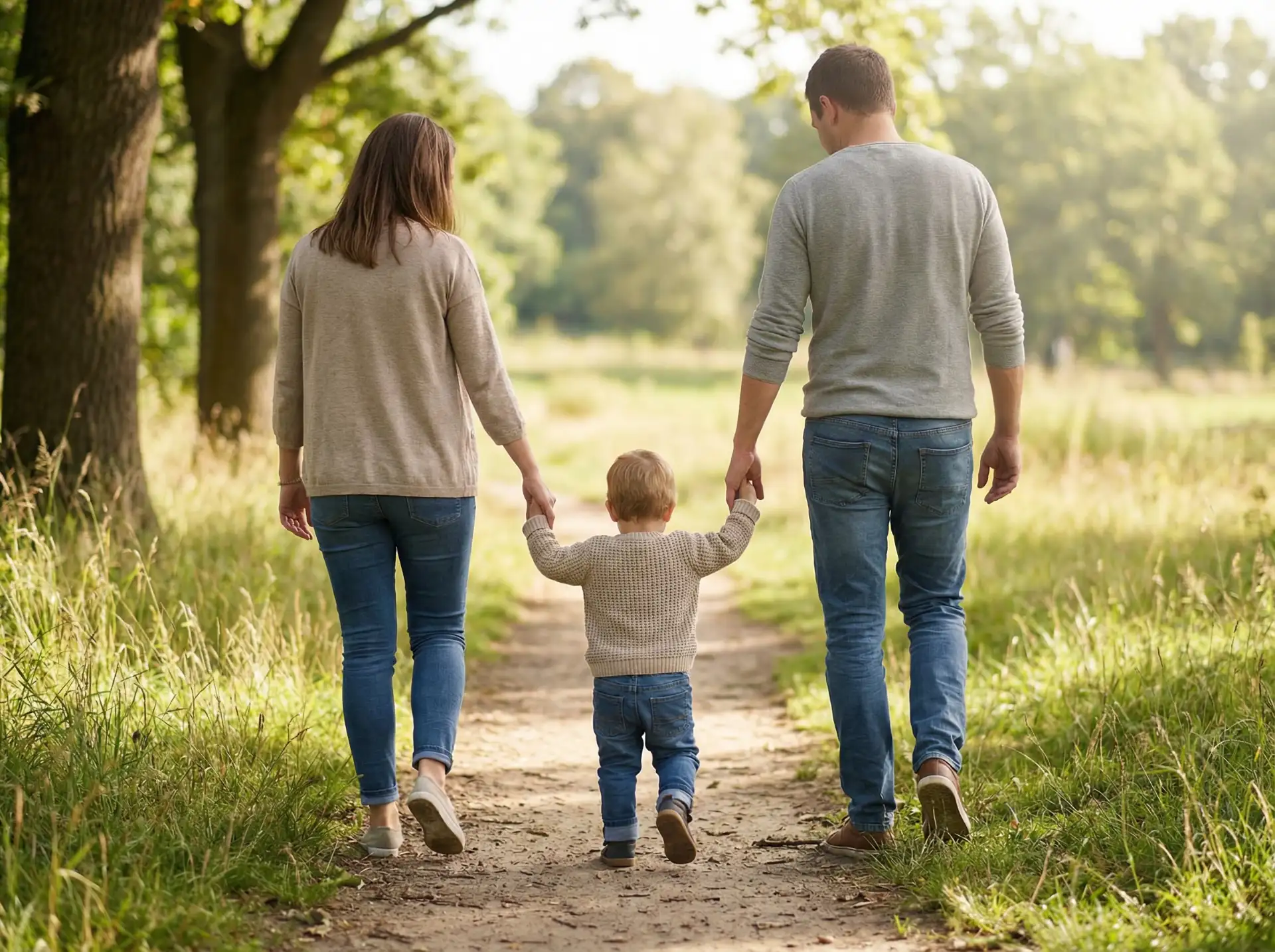 Szülők kézen fogva sétálnak gyermekükkel, az alkalmazkodás és biztonságos kötődés példája