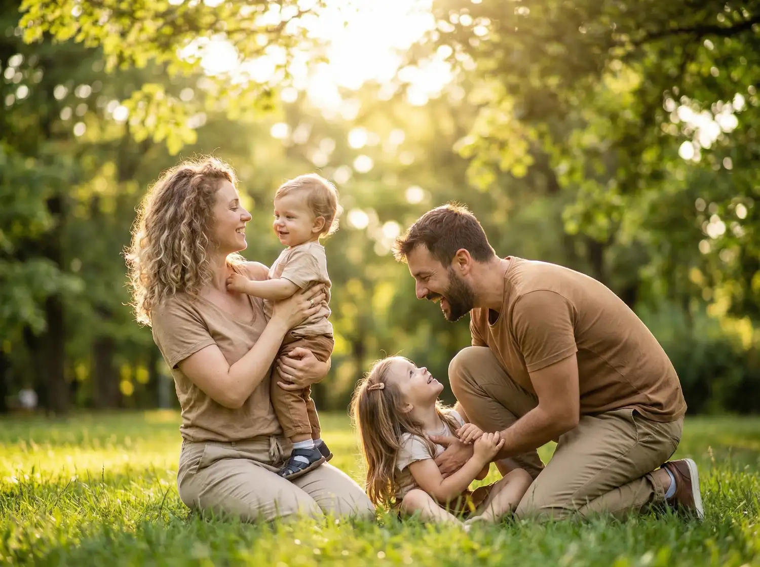 Szülők és gyerekek együtt játszanak a szabadban, szeretetteljes kapcsolódásban