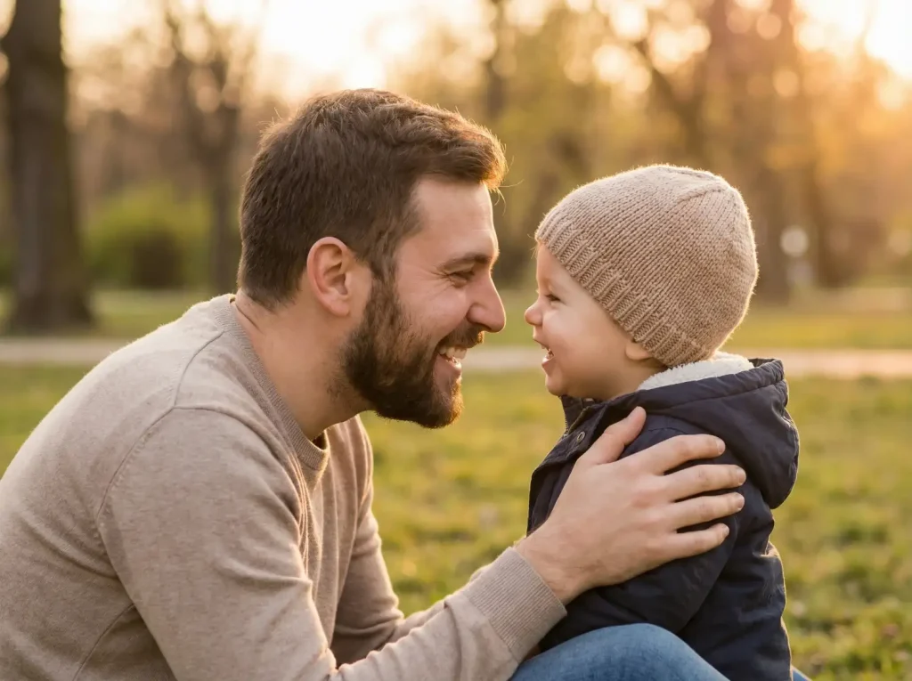 Apa és kisgyerek egymás szemébe néznek játékos, szeretetteljes kapcsolatban