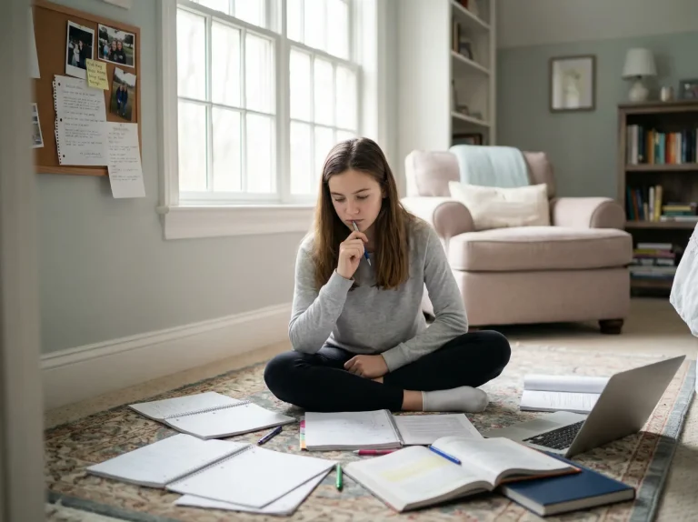 Kamasz lány felelősségteljesen tanul és gondolkodik jegyzetek között
