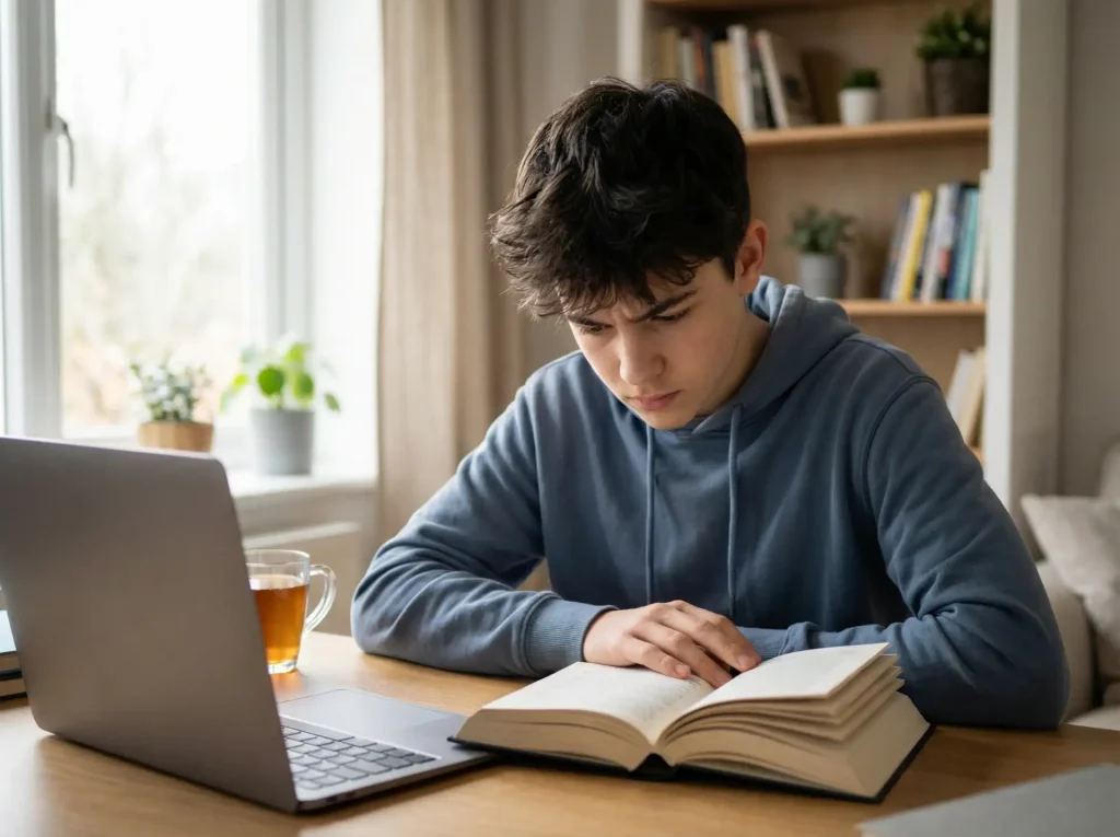 Kamasz fiú könyvet olvasva tanul, felelősségteljes hozzáállással