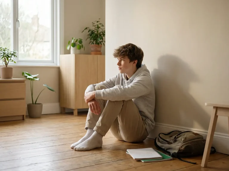 Kamasz fiú egyedül ülve gondolkodik önképéről és érzéseiről