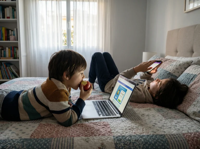 Gyerekek laptopot és telefont használnak, eltérő képernyőidő szokásokat mutatva