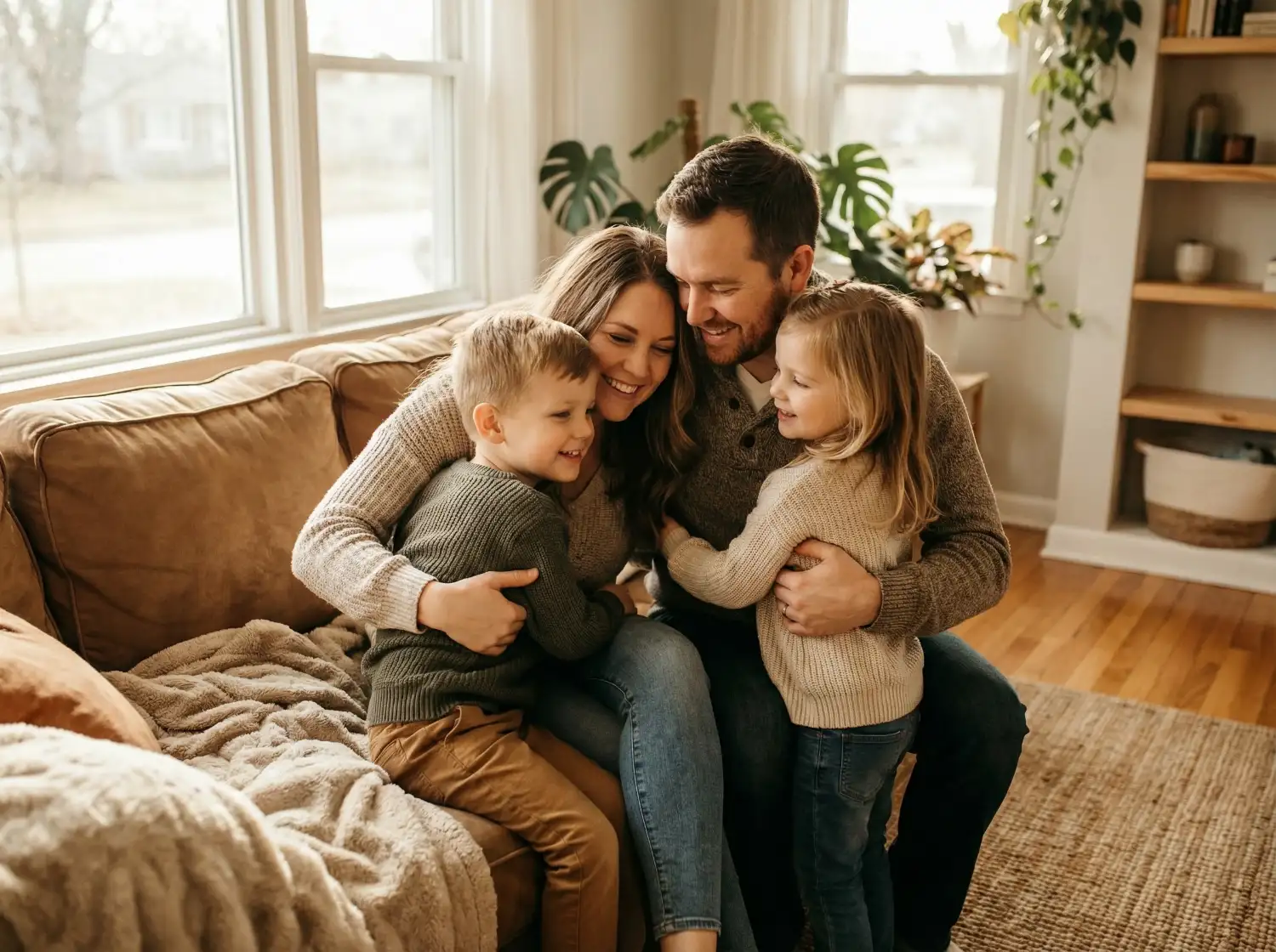Szeretettel ölelkező család a nappaliban, erős érzelmi kapcsolódással