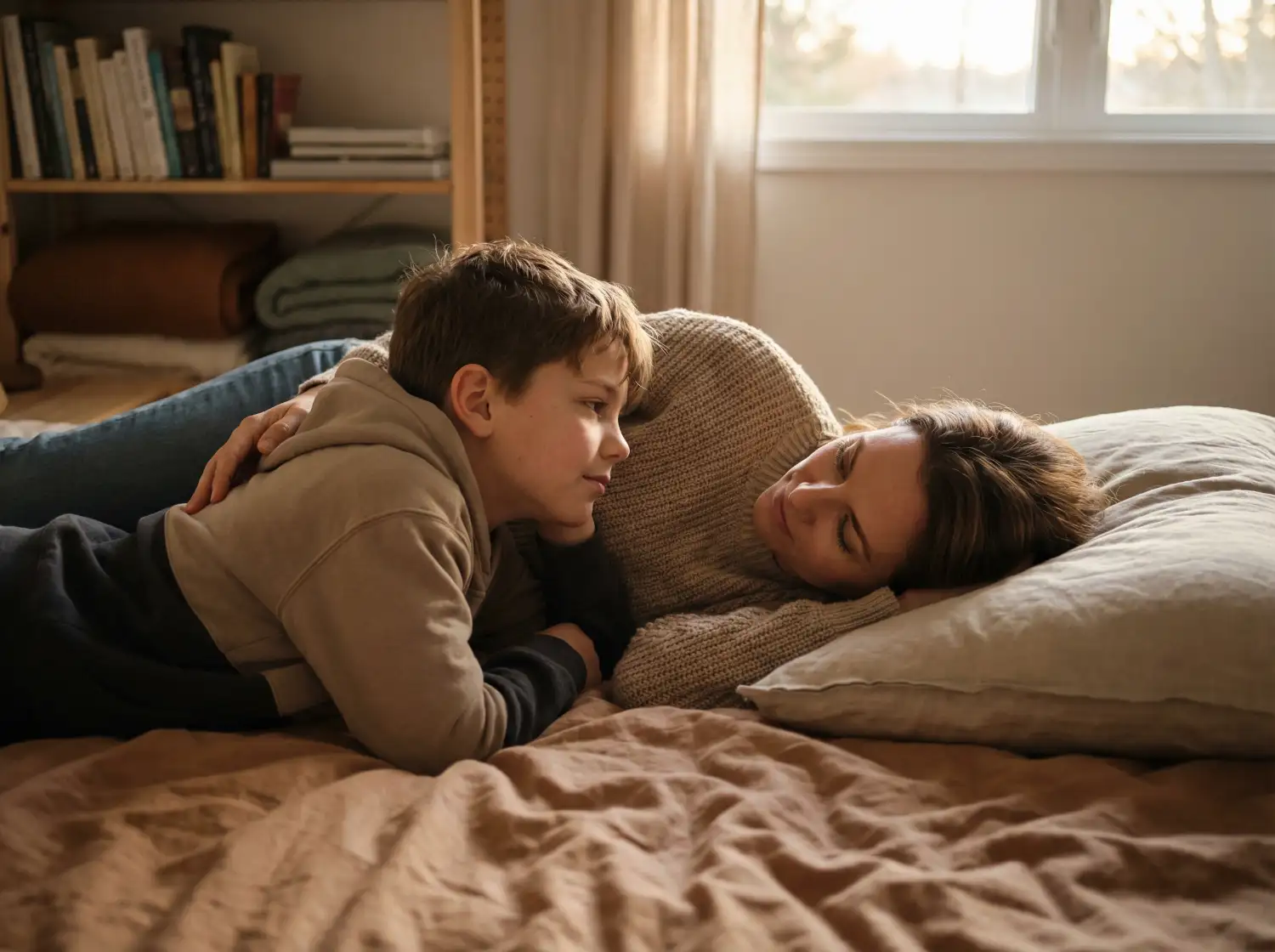 Szülő és kiskamasz egymásra figyelve beszélgetnek nyugodt, biztonságos hangulatban