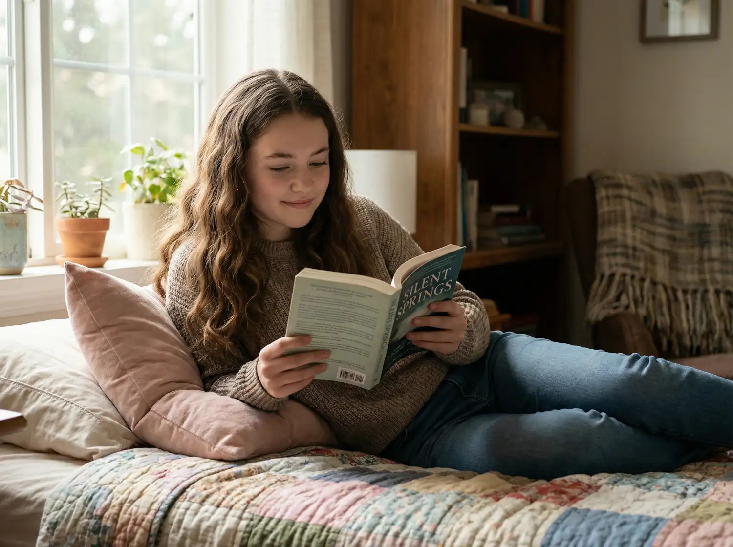 Kiskamasz lány az ágyon fekve könyvet olvas nyugodt, elmélyült hangulatban