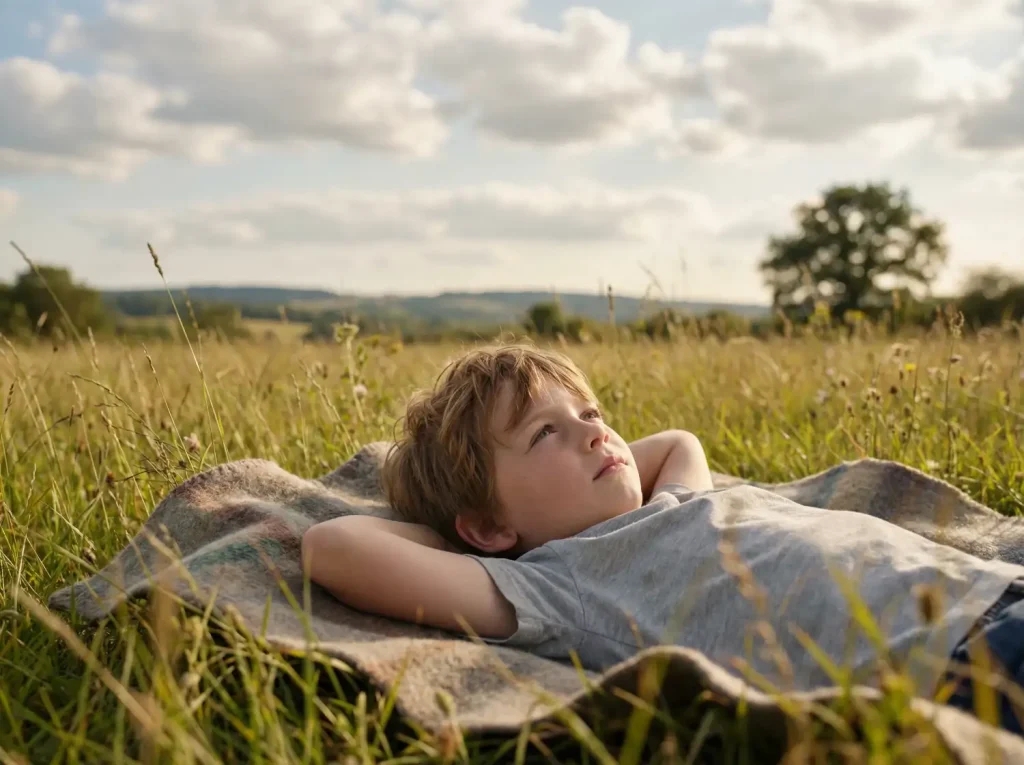 Kisfiú fekszik a fűben, az eget nézi nyugodt, elgondolkodó hangulatban