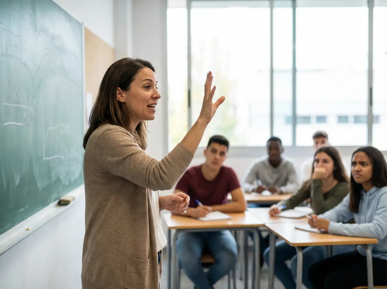 Tanár beszél az osztály előtt, a diákok figyelnek és különbözően reagálnak