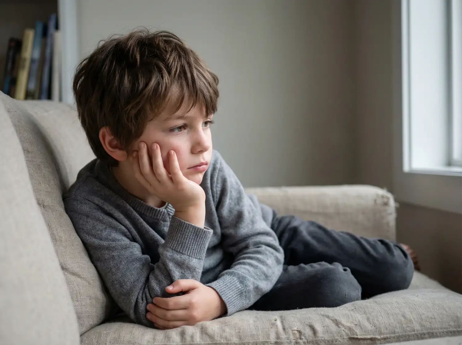 Elgondolkodó kisfiú ül a kanapén, fejét a kezére támasztva