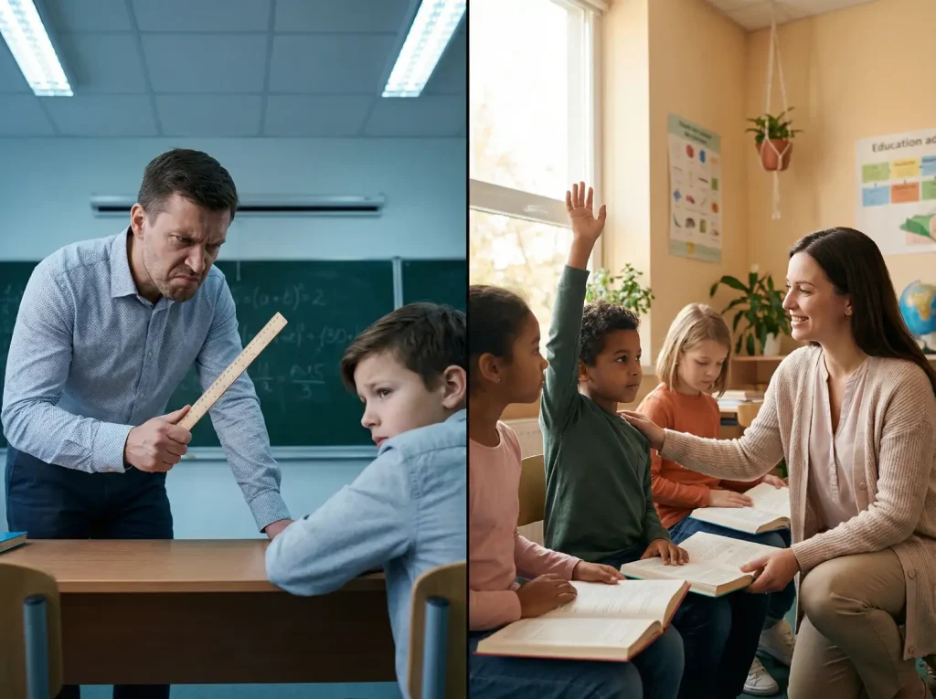 Szigorú tanár és támogató tanár az osztályban, eltérő hatással a diákokra