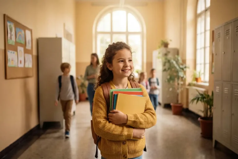 Mosolygó, magabiztos kisfiú iskolai környezetben, könyvekkel a kezében
