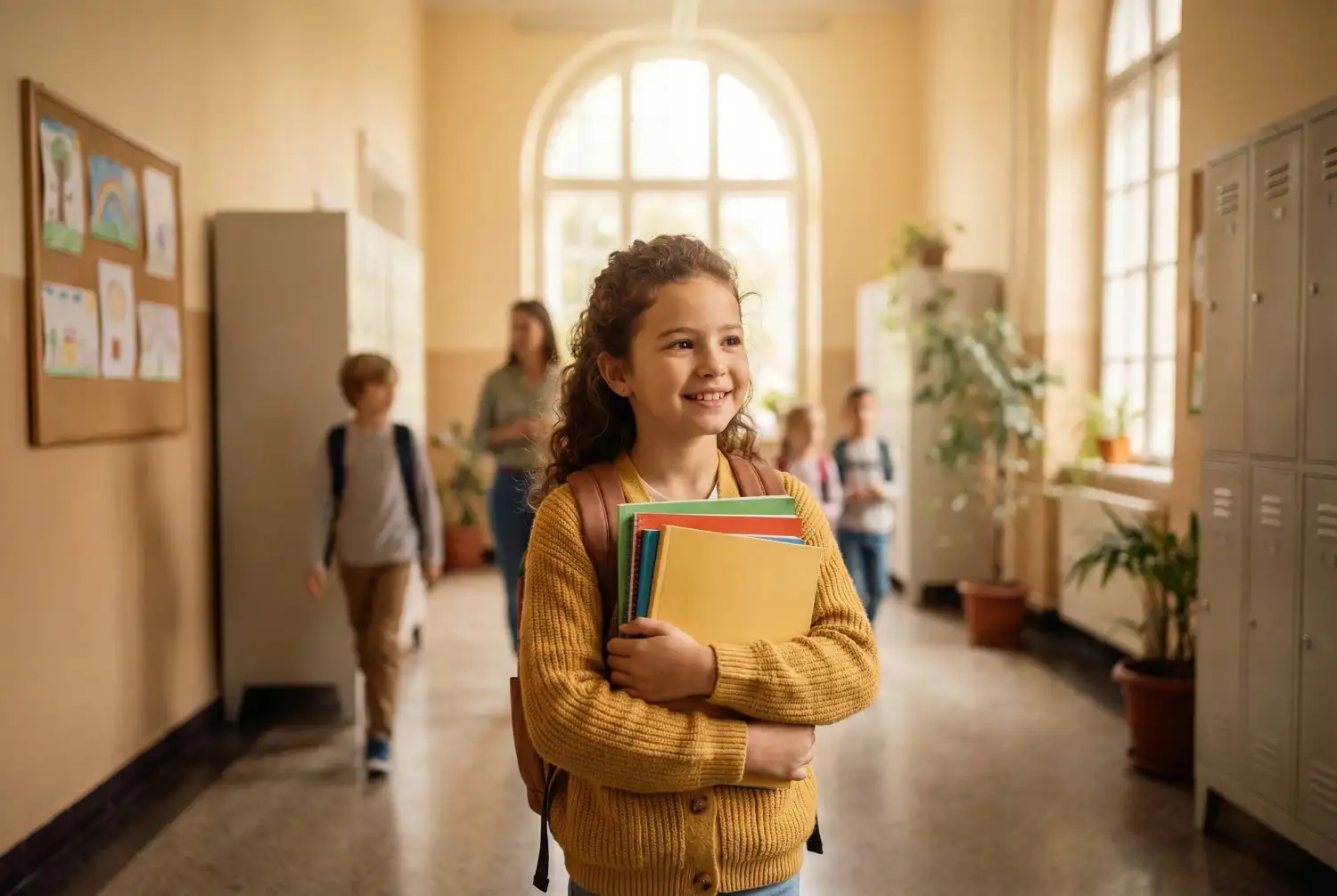 Mosolygó, magabiztos kisfiú iskolai környezetben, könyvekkel a kezében