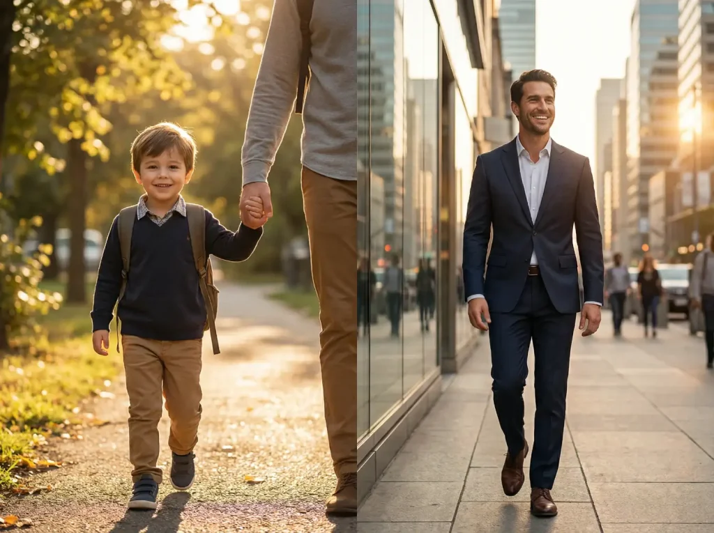Gyermek szülővel sétál és sikeres felnőtt férfi, a fejlődés útja